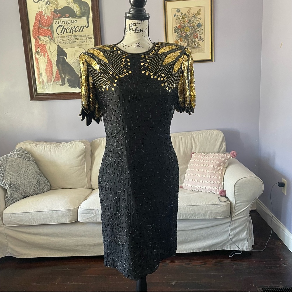 Laurence Kazar Black and Gold Sequin Midi Dress